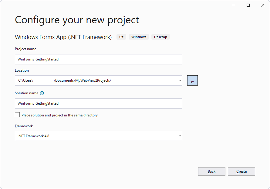 Filling in the 'Configure your new project' window
