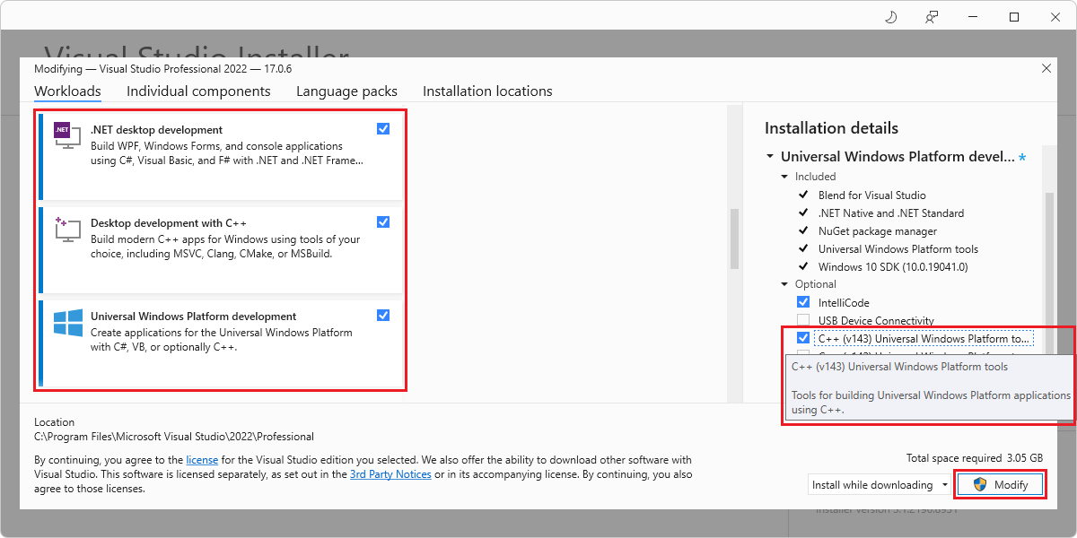 The 'Modifying Visual Studio 2019' dialog displays cards and installation details