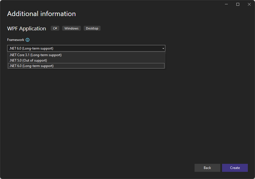 The 'Additional information' dialog with a 'Target Framework' dropdown list