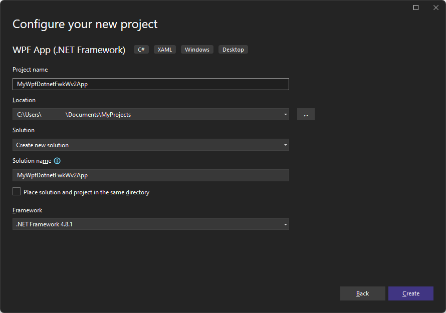 The 'Configure your new project: WPF App (.NET Framework)' dialog