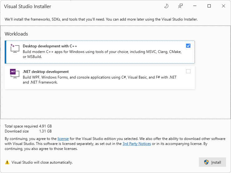 Visual Studio Installer prompting to install the 'Desktop development with C++' workload