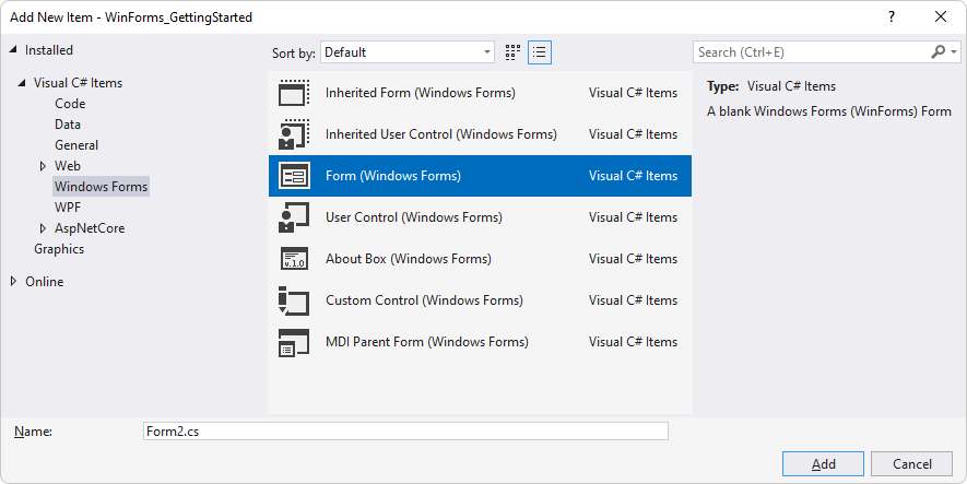 The 'Add New Item' window, expanded to 'Visual C# Items' > 'Windows Forms', selecting 'Form (Windows Forms)'