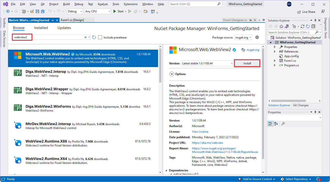 The NuGet Package Manager in Visual Studio, installing the Microsoft.Web.WebView2 SDK NuGet package for the current project