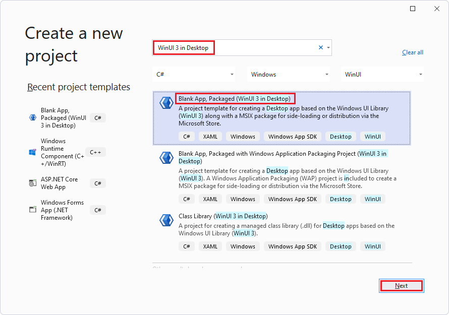 Searching on "WinUI 3 in Desktop" to create a new project