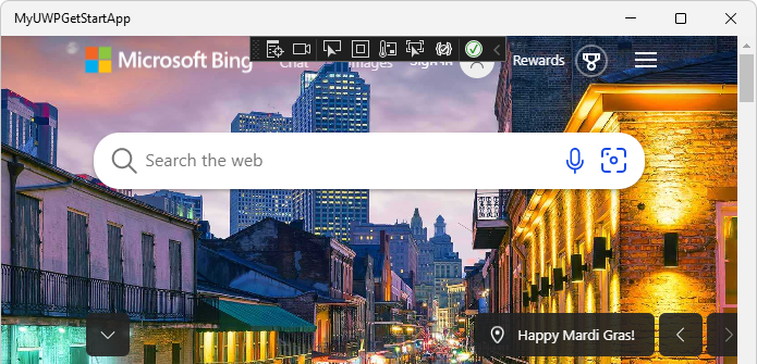 The sample app displays the Bing website