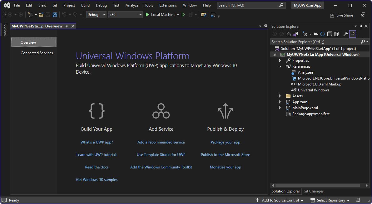 Visual Studio, containing the newly created WinUI 2 (UWP) project