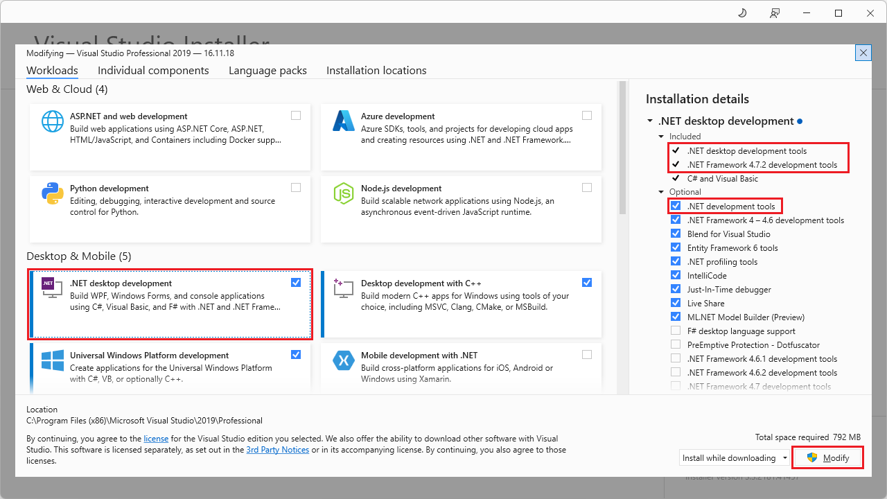 Visual Studio 2019 'Modifying' dialog to install templates for '.NET desktop development'