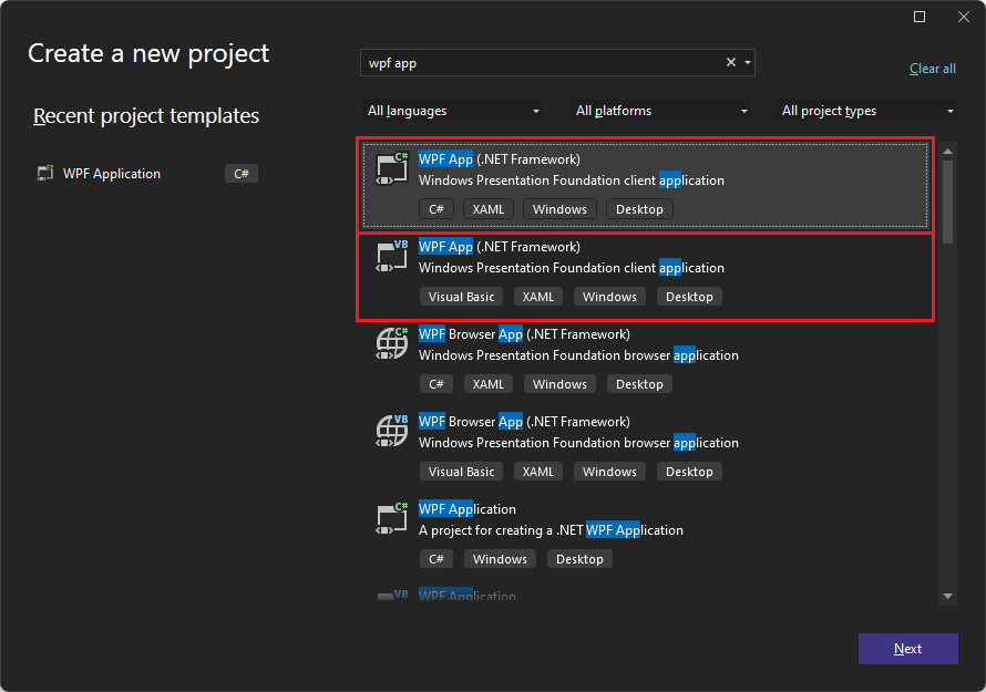 Selecting the template 'WPF App' in the 2022 'Create a new project' dialog