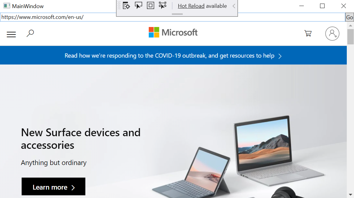 The sample app displays the URI in the address bar and the Microsoft website
