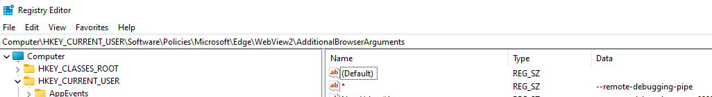 Setting the AdditionalBrowserArguments registry key to --remote-debugging-pipe
