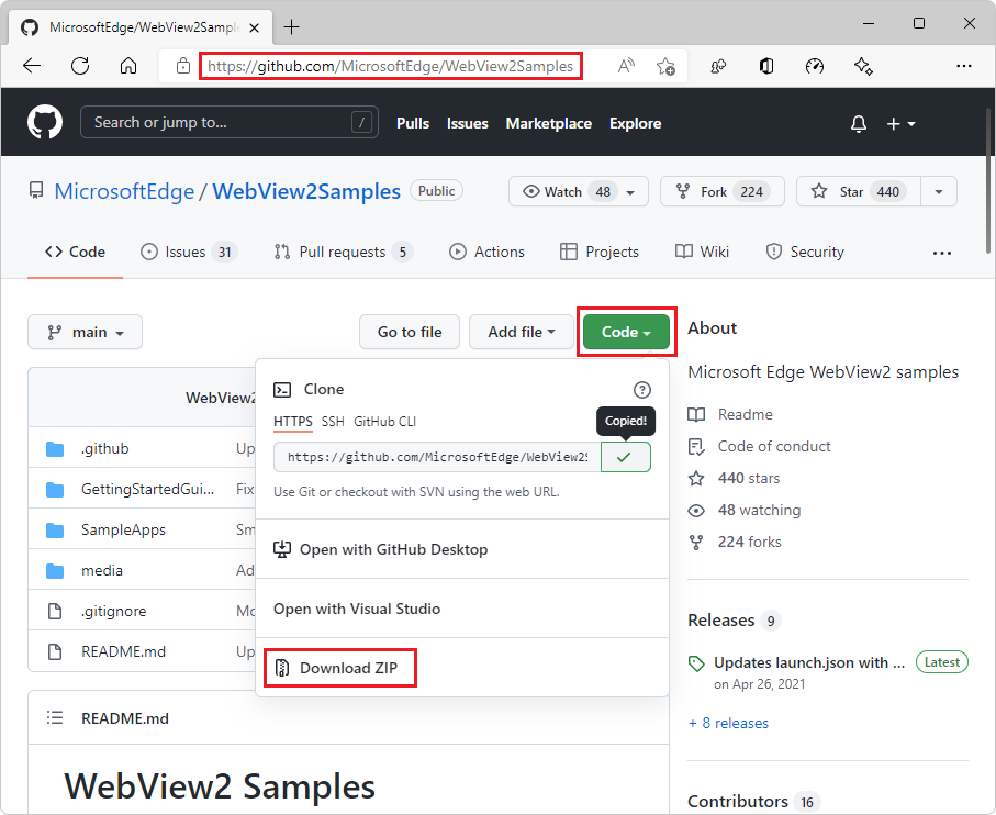 Downloading the WebView2Samples repo