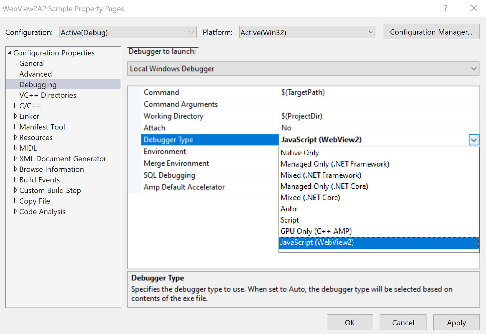 The 'Debugging' configuration property in Visual Studio.