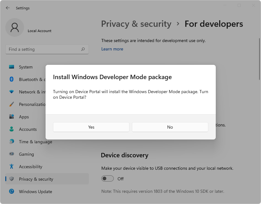 Install Windows Developer Mode package