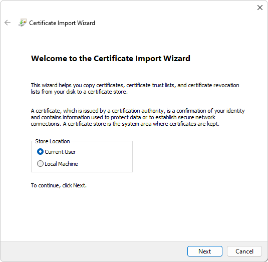 The 'Welcome to the Certificate Import Wizard' dialog