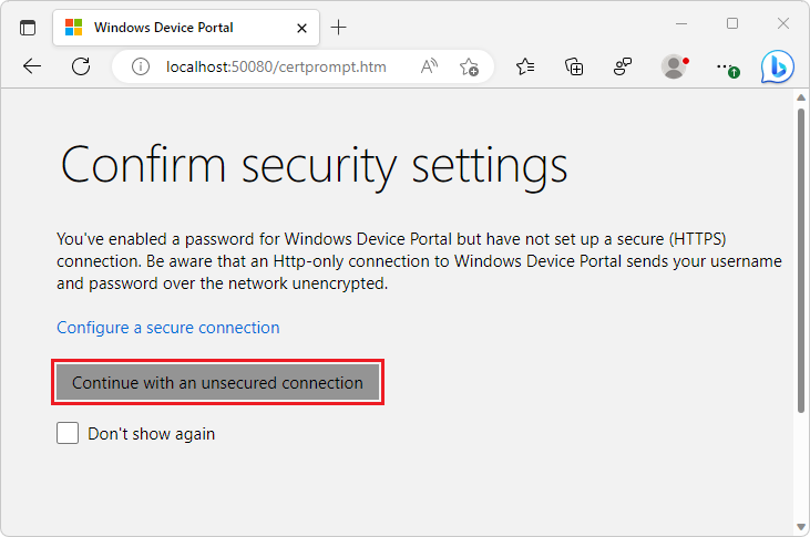 The 'Confirm security settings' page in the 'Windows Device Portal' tab