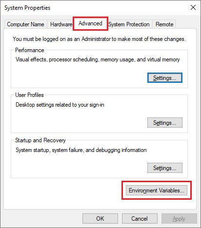 The Environment Variables button in the System Properties dialog