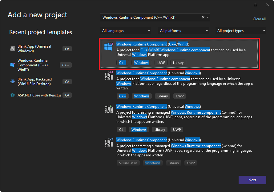 Selecting the Windows Runtime Component (C++/WinRT) card in the 'Add a new project' dialog