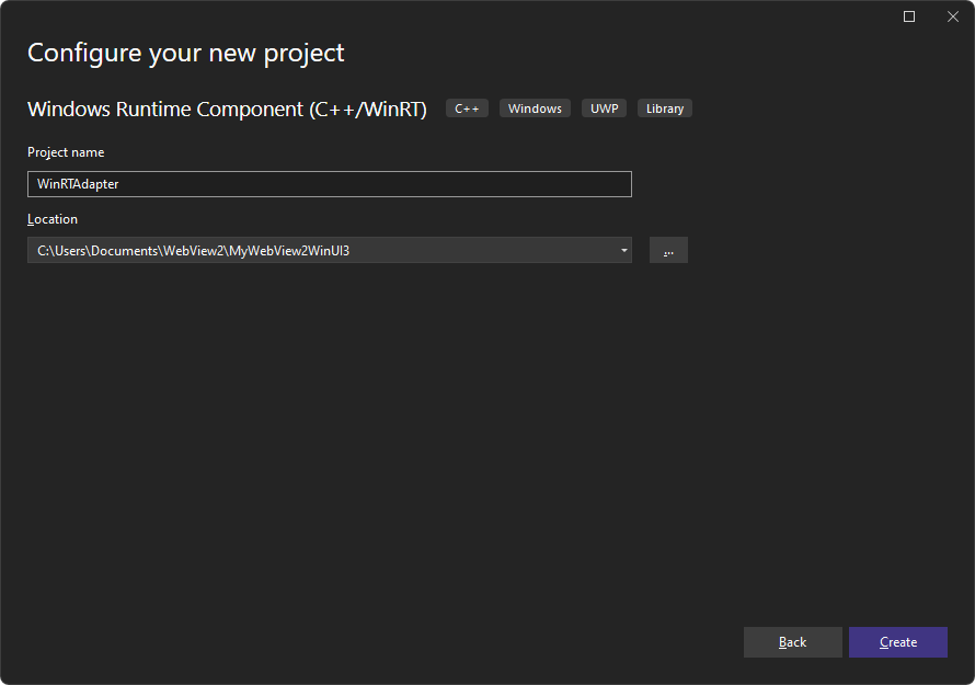 In the 'Configure your new project' window, name the project 'WinRTAdapter' (WinUI 3 solution)