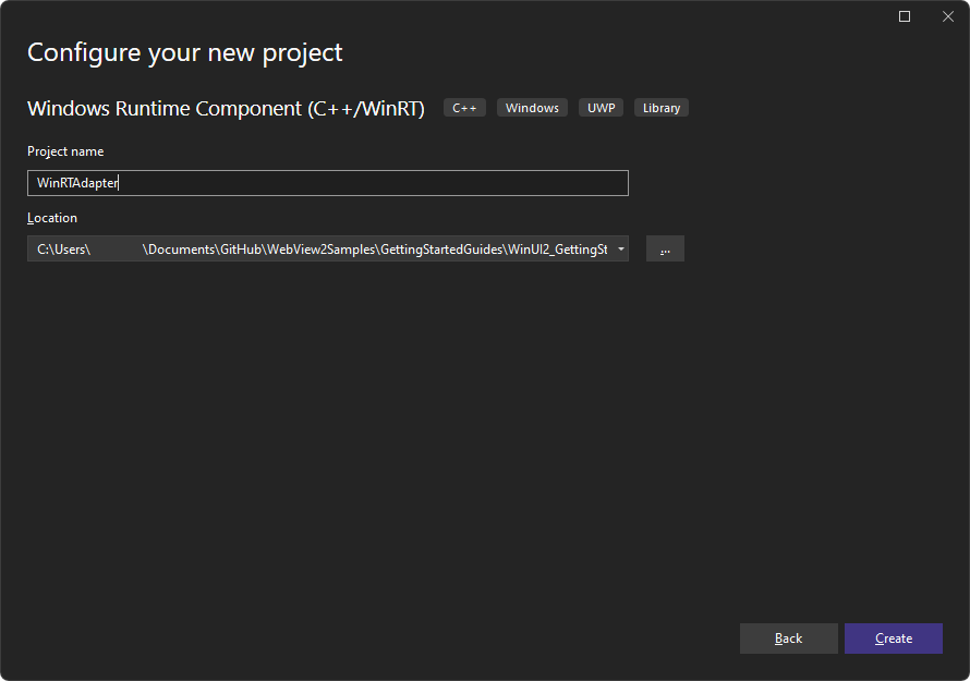 In the 'Configure your new project' window, name the project 'WinRTAdapter'