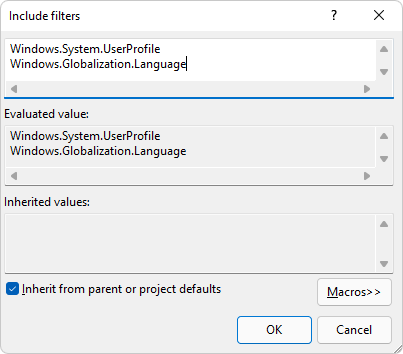 Include filters dialog