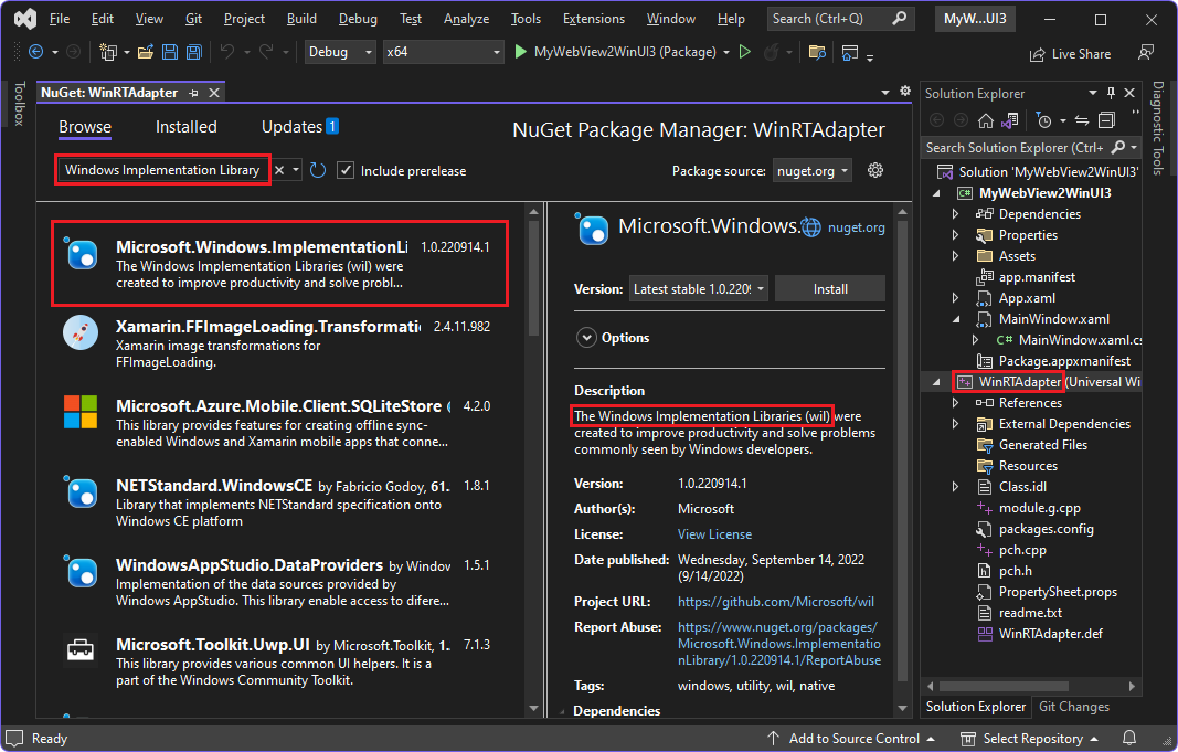 NuGet Package Manager, selecting the 'Windows Implementation Library' package (WinUI 3 solution)