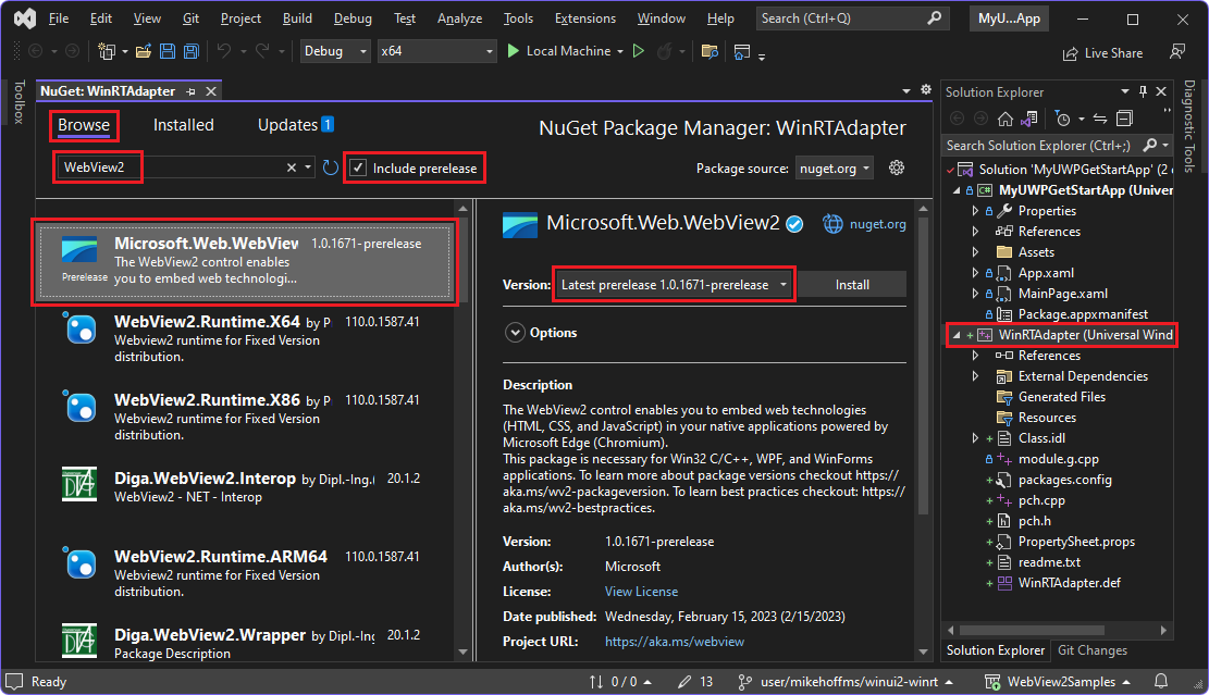 NuGet Package Manager, selecting the WebView2 SDK package, for the WinRTAdapter project