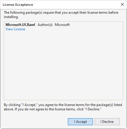 The 'License Acceptance' dialog for installing the Microsoft.UI.Xaml package