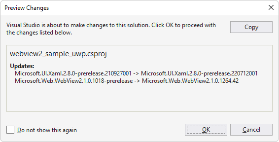 The 'Preview Changes' dialog for installing the Microsoft.UI.Xaml package