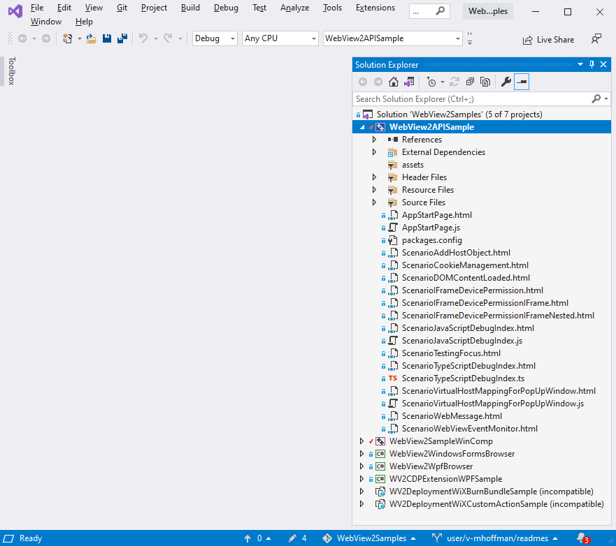 The WebView2APISample project in Solution Explorer