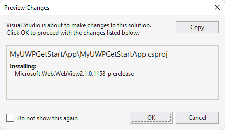 The Preview Changes dialog for the WebView2 NugGet package