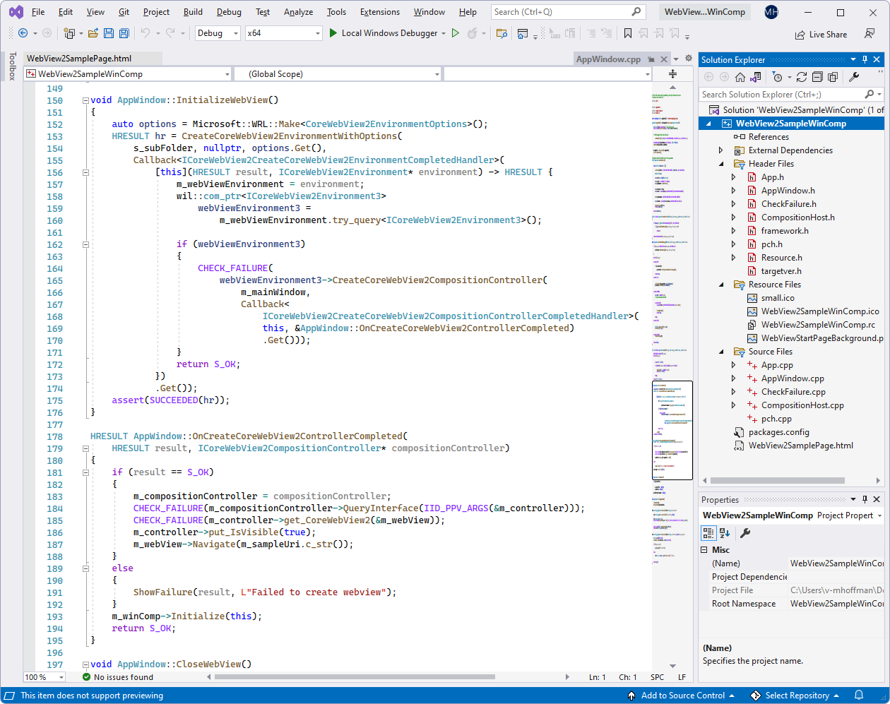 The WebView2SampleWinComp project in Visual Studio