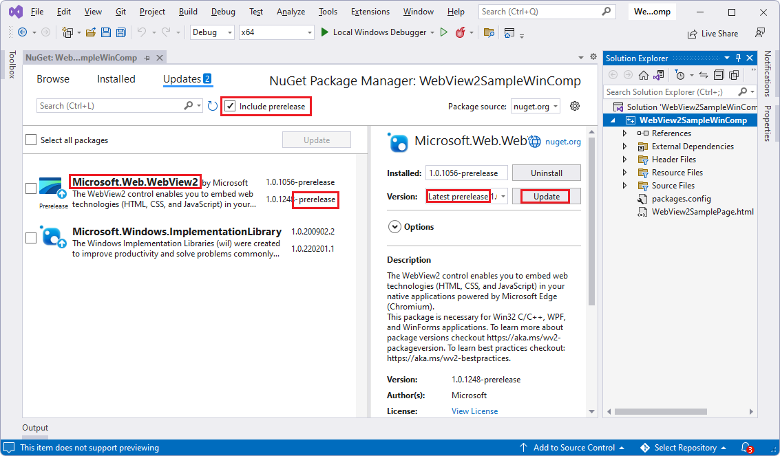 The Updates tab of NuGet Package Manager after initially opening the WebView2SampleWinComp solution
