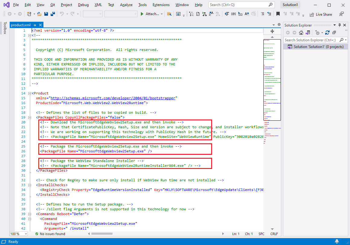 product.xml file opened for editing, unchanged, in Visual Studio 2019