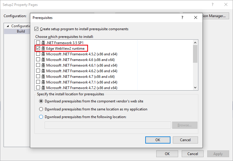 WebView2 Deployment Visual Studio Installer: Select Prerequisite