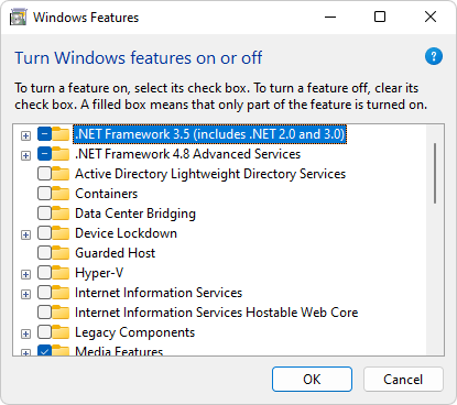 Turn Windows features on or off > .NET Framework 3.5