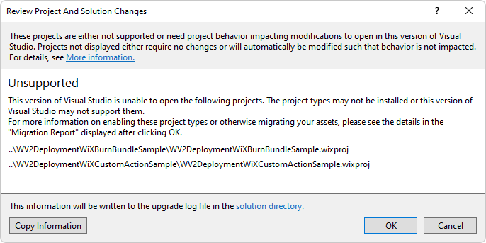 Unsupported wix projects message