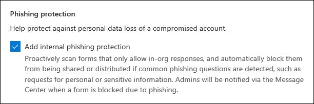 Microsoft Forms admin setting for phishing protection