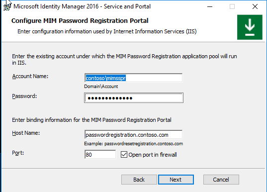 Enter configuration information used by password registration web site image