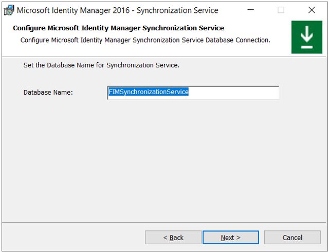 Screenshot showing input for database name for synchronization service.