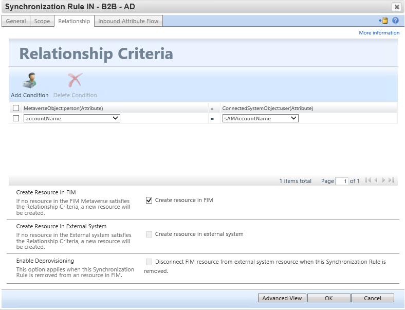 Screenshot showing the Relationship tab of the Synchronization Rule IN screen.