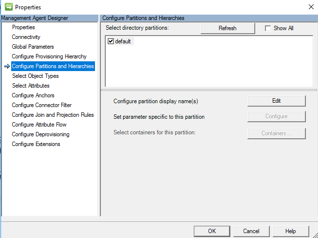 Screenshot showing the Configure Partitions and Hierarchies page and an O K button.
