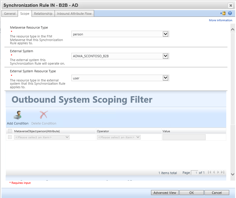 Screenshot showing the Scope tab of the Synchronization Rule IN screen.