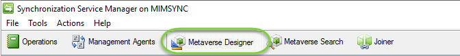 Screenshot showing the Metaverse Designer option on the Synchronization Service Manager ribbon menu.