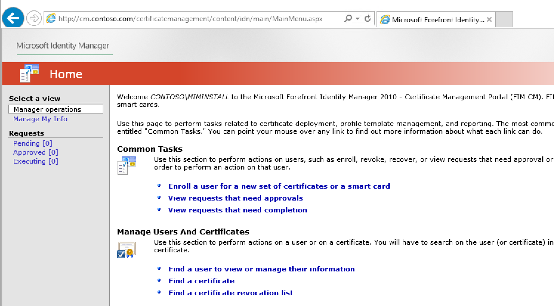 Screenshot showing the home page for the Microsoft Identity Manager Certificate Management Portal.