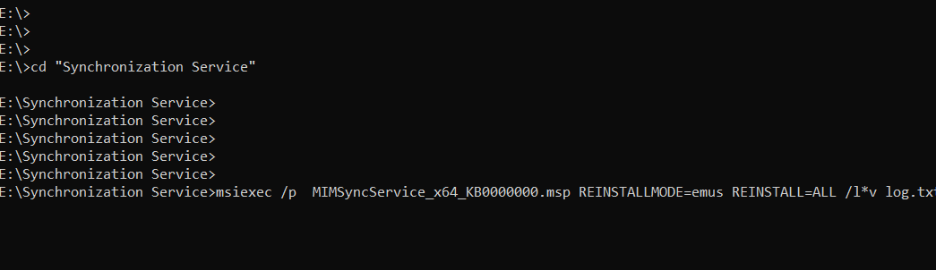 Screenshot of an elevated Command Prompt showing the msiexec patch command being run from the E:\Synchronization Service folder.