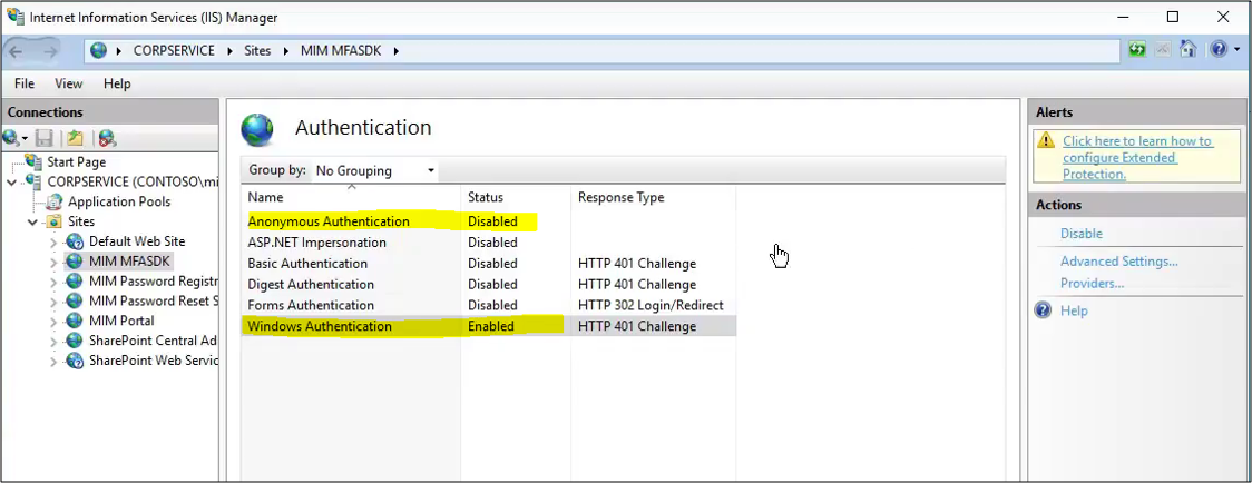 Changing authentication in IIS Manager