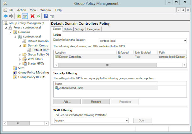 Default domain controllers policy - screenshot
