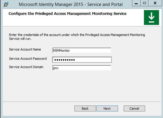 PAM Monitoring Service account credentials - screenshot