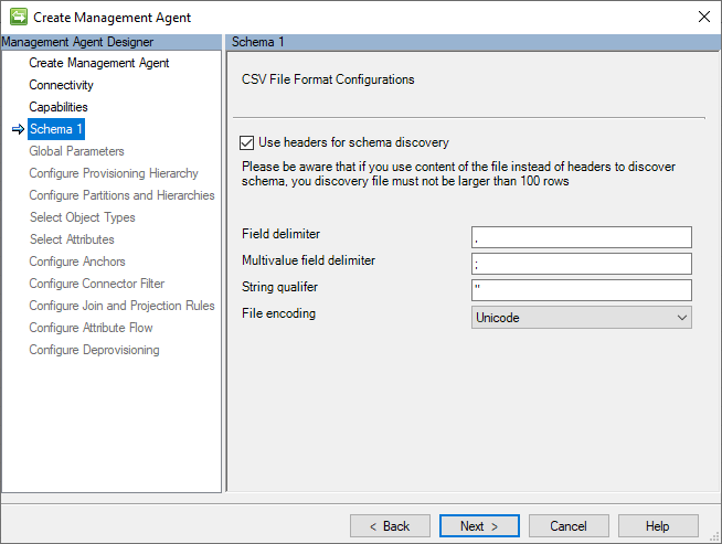 Screenshot of Schema 1 (CSV File Format Configurations)