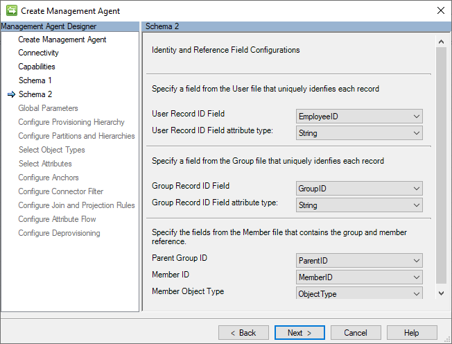 Screenshot of Schema 2 (Identity and Reference Field Configurations)
